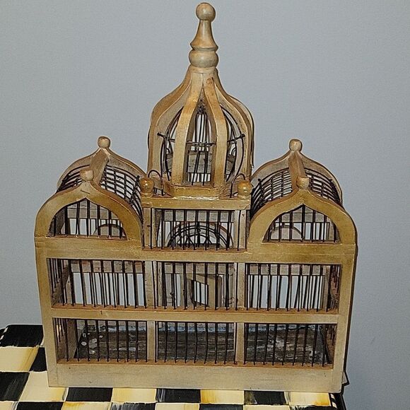 Vtg Wooden Birdcage Victorian Domed Cathedral Taj Mahal Door bird cage Wood boho - Picture 13 of 16